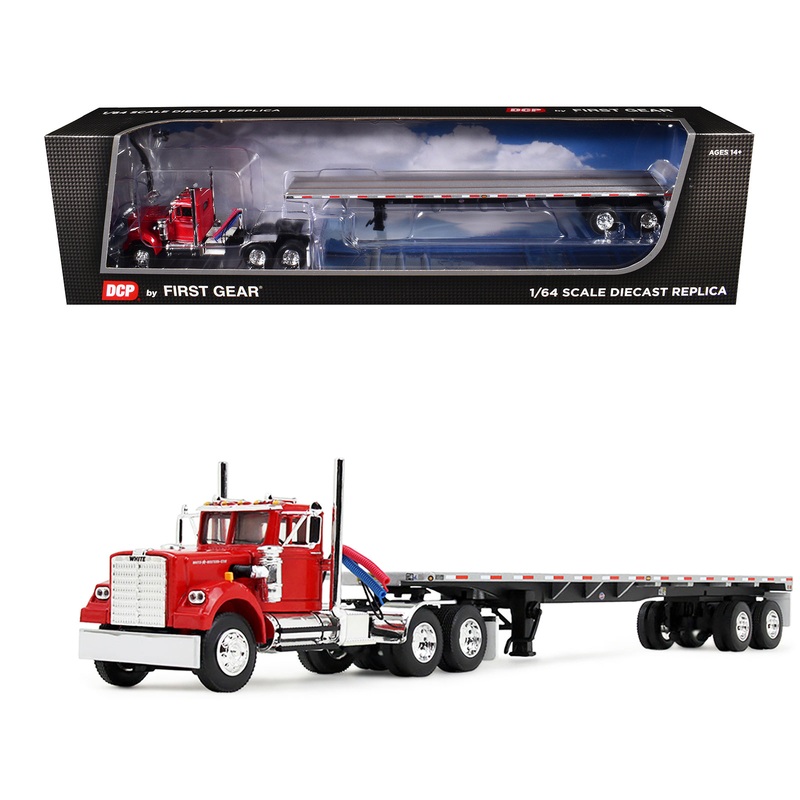 White Western Star 4900 Day Cab with 48 Utility Flatbed Trailer Viper Red 1/64 Diecast Model by DCP/First Gear