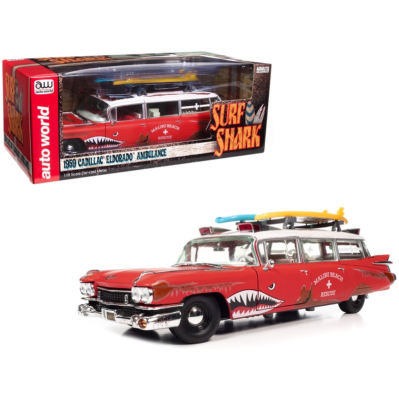 1959 Cadillac Eldorado Ambulance Red with White Top “Malibu Beach Rescue” (Weathered) with Surfboards on Roof “Surf Shark” 1/18 Diecast Model Car by Auto World