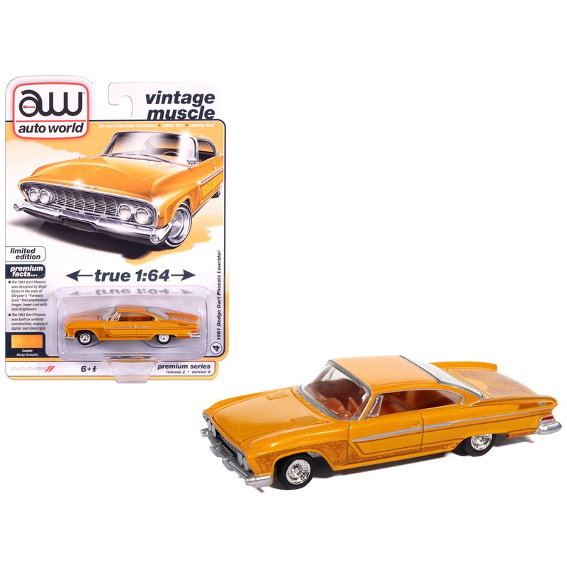 1961 Dodge Dart Phoenix Lowrider Mango Smoothie Metallic with Graphics and Orange Interior “Vintage Muscle” Series 1/64 Diecast Model Car by Auto World