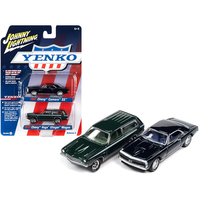 1967 Chevrolet Camaro SS Royal Plum Metallic and 1972 Chevrolet Vega Stinger Wagon Dark Green Metallic “YENKO” Set of 2 Cars 1/64 Diecast Model Cars by Johnny Lightning