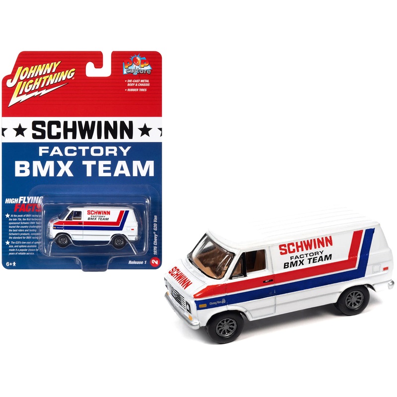 1976 Chevrolet G20 Van White with Stripes “Schwinn Factory BMX Team” “Pop Culture” 2023 Release 1 1/64 Diecast Model Car by Johnny Lightning