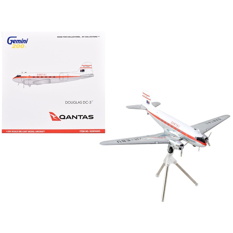 Douglas DC-3 Commercial Aircraft “Qantas Airways” (VH-EBU) White with Red Stripes “Gemini 200” Series 1/200 Diecast Model Airplane by GeminiJets