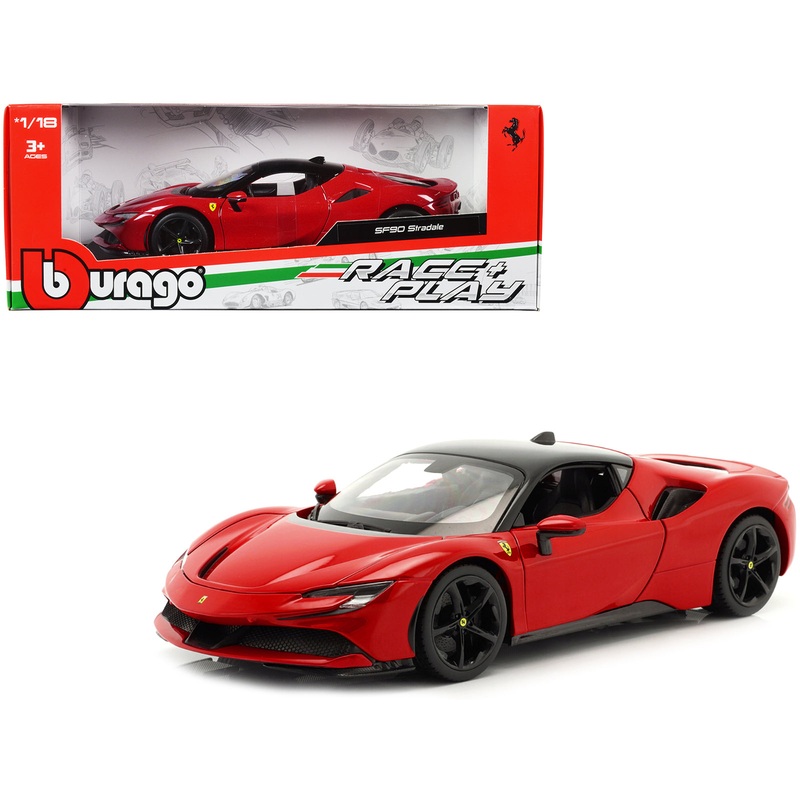 Ferrari SF90 Stradale Red with Black Top “Race + Play” Series 1/18 Diecast Model Car by Bburago