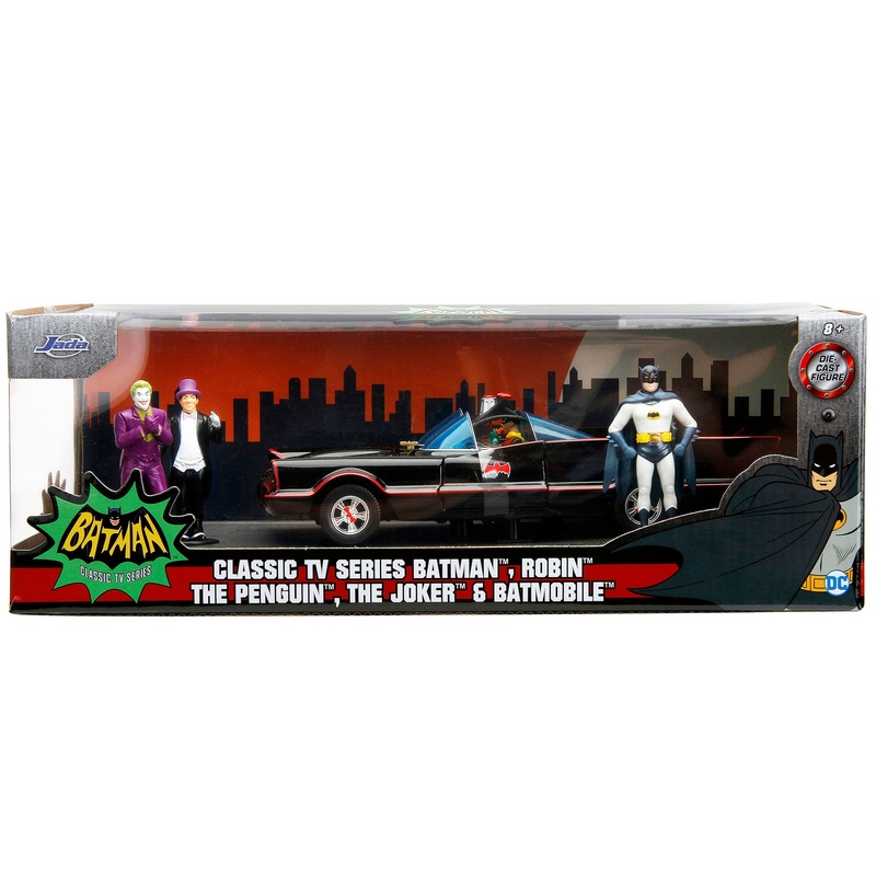 1966 Classic Batmobile with Diecast Batman The Joker The Penguin and Plastic Robin Sitting Inside The Car “Batman” TV Series (1966) “Hollywood Rides” Series 1/24 Diecast Model Car by Jada