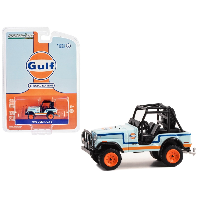 1976 Jeep CJ-5 Light Blue with Blue and Orange Stripes “Gulf Oil Special Edition” Series 2 1/64 Diecast Model Car by Greenlight