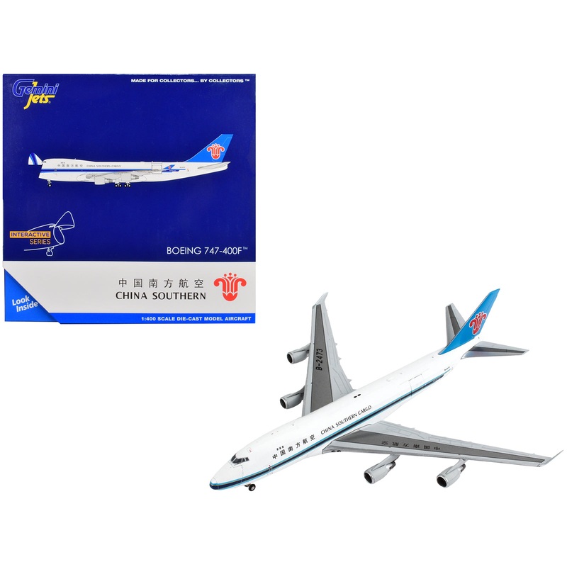 Boeing 747-400F Commercial Aircraft “China Southern Cargo” White with Black Stripes and Blue Tail “Interactive Series” 1/400 Diecast Model Airplane by GeminiJets