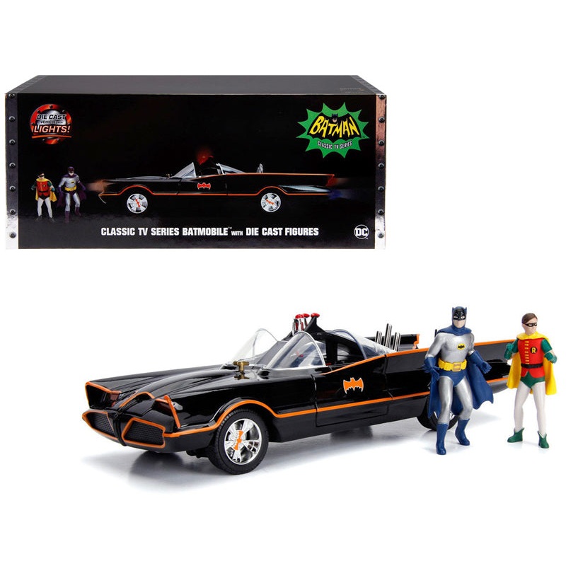 Classic TV Series Batmobile with Working Lights, and Diecast Batman and Robin Figures “80 Years of Batman” 1/18 Diecast Model Car by Jada