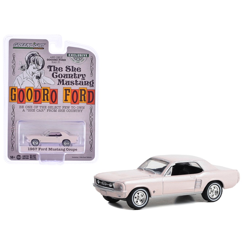 1967 Ford Mustang Coupe “She Country Special – Bill Goodro Ford Denver Colorado” Bermuda Sand “Hobby Exclusive” Series 1/64 Diecast Model Car by Greenlight