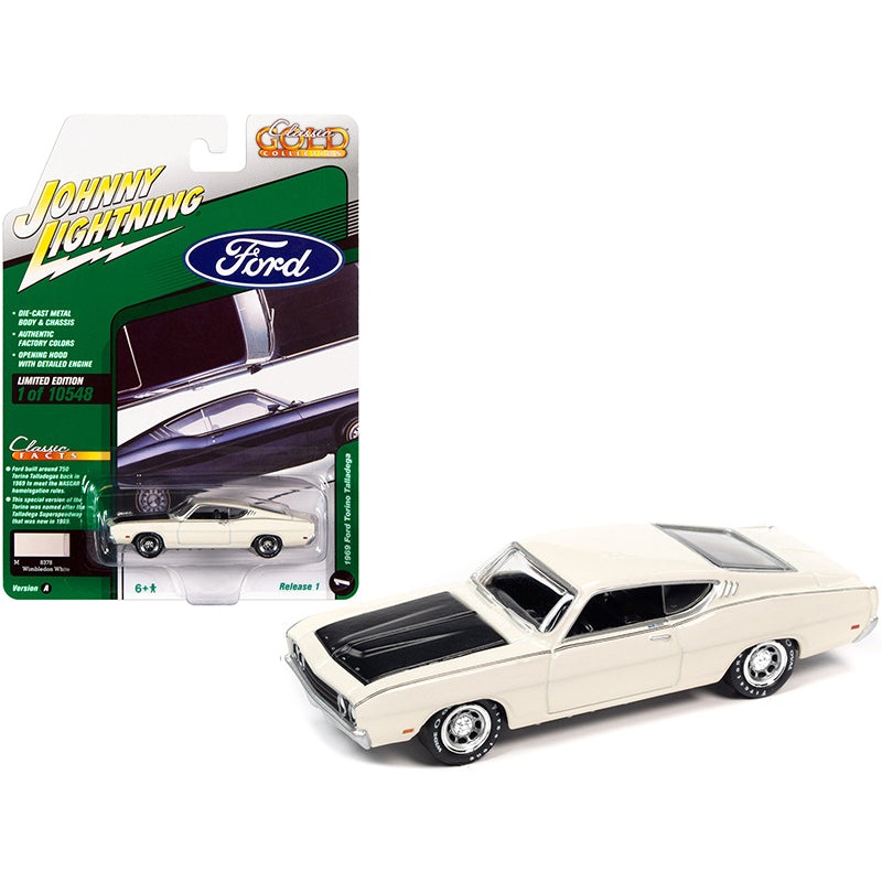1969 Ford Torino Talladega Wimbledon White with Matt Black Hood “Classic Gold Collection” Series Limited Edition to 10548 pieces Worldwide 1/64 Diecast Model Car by Johnny Lightning