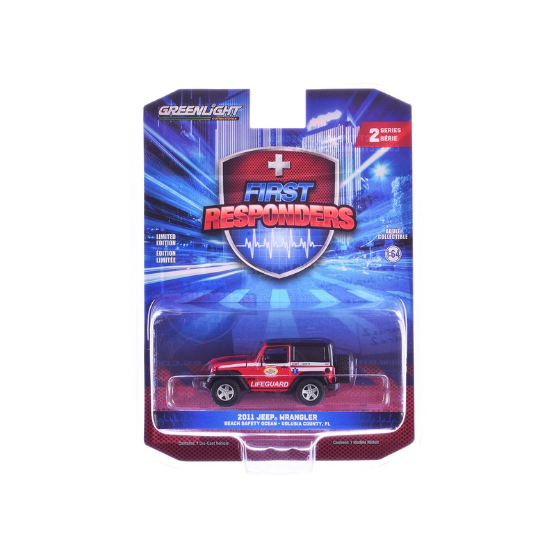 2011 Jeep Wrangler “Volusia County Florida Beach Safety Ocean Rescue Lifeguard/EMT” Red with White Stripes “First Responders” Series 2 1/64 Diecast Model Car by Greenlight