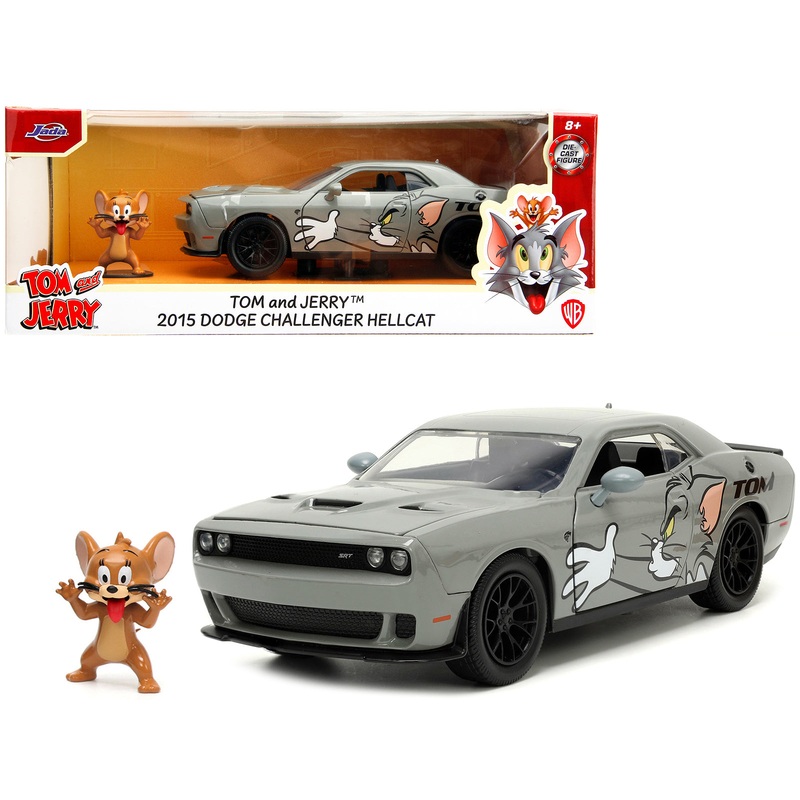 2015 Dodge Challenger Hellcat Gray with “Tom” Graphics and Jerry Diecast Figure “Tom and Jerry” “Hollywood Rides” Series 1/24 Diecast Model Car by Jada