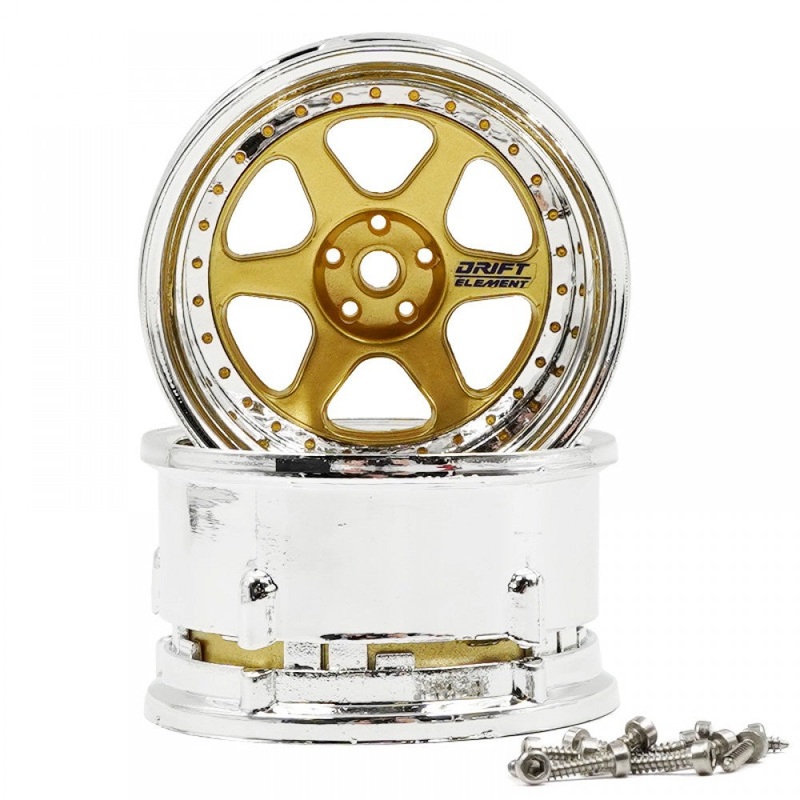 DS Racing – Drift Element II 6 Spoke Rim Gold Chrome Lip w/ Gold Rivets for 1/10 Scale (2 pcs)