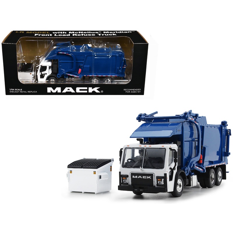 Mack LR Refuse Garbage Truck with McNeilus Meridian Front Loader White and Blue with Trash Bin 1/64 Diecast Model by DCP/First Gear