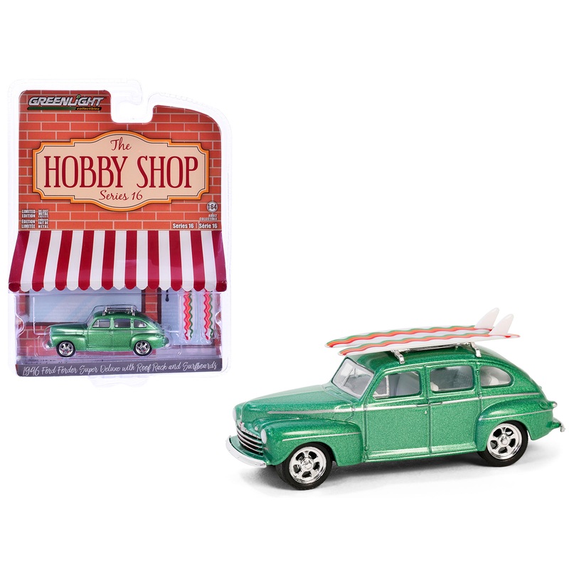 1946 Ford Fordor Super Deluxe Green Metallic with White Interior and Roof Rack with Surfboards “The Hobby Shop” Series 16 1/64 Diecast Model Car by Greenlight