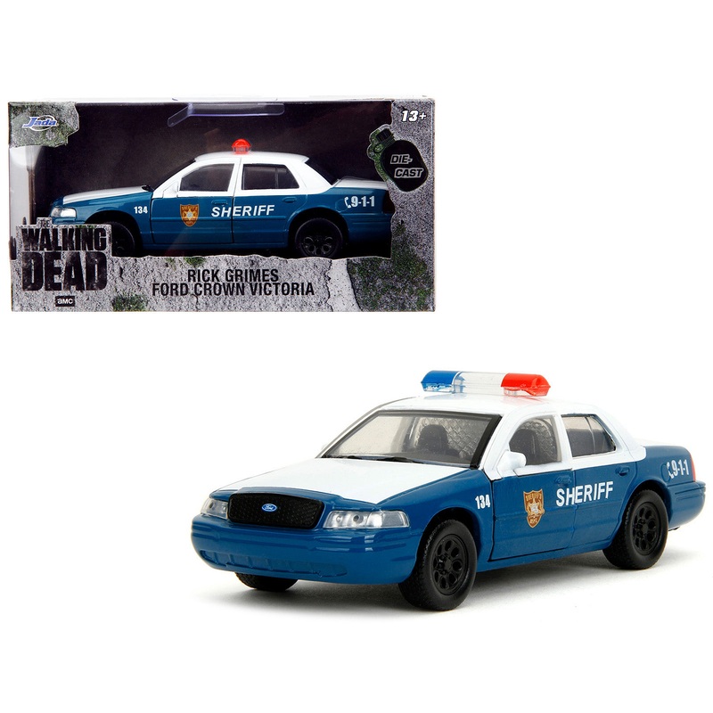 Rick Grimes’ Ford Crown Victoria “Sheriff” Blue and White “The Walking Dead” (2010-2022) TV Series “Hollywood Rides” Series 1/32 Diecast Model Car by Jada