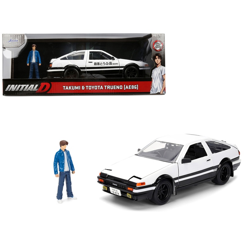 Toyota Trueno (AE86) RHD (Right Hand Drive) White and Black with Graphics and Takumi Diecast Figure “Initial D” (1998-2021) TV Series “Anime Hollywood Rides” Series 1/24 Diecast Model by Jada