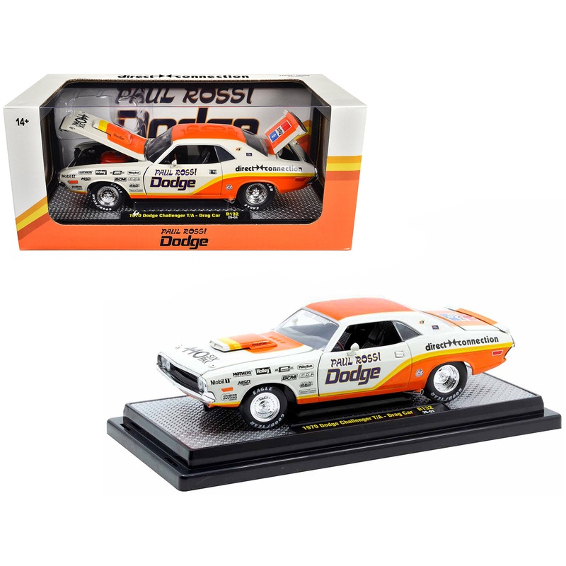 1970 Dodge Challenger T/A Drag Car “Paul Rossi” White and Orange with Graphics Limited Edition to 6650 pieces Worldwide 1/24 Diecast Model Car by M2 Machines