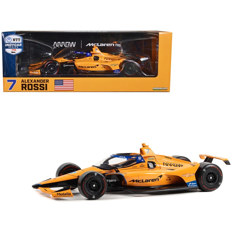 Dallara IndyCar #7 Alexander Rossi “McLaren” Arrow McLaren “60th Anniversary Triple Crown Accolade Indianapolis 500 Livery” “NTT IndyCar Series” (2023) 1/18 Diecast Model Car by Greenlight