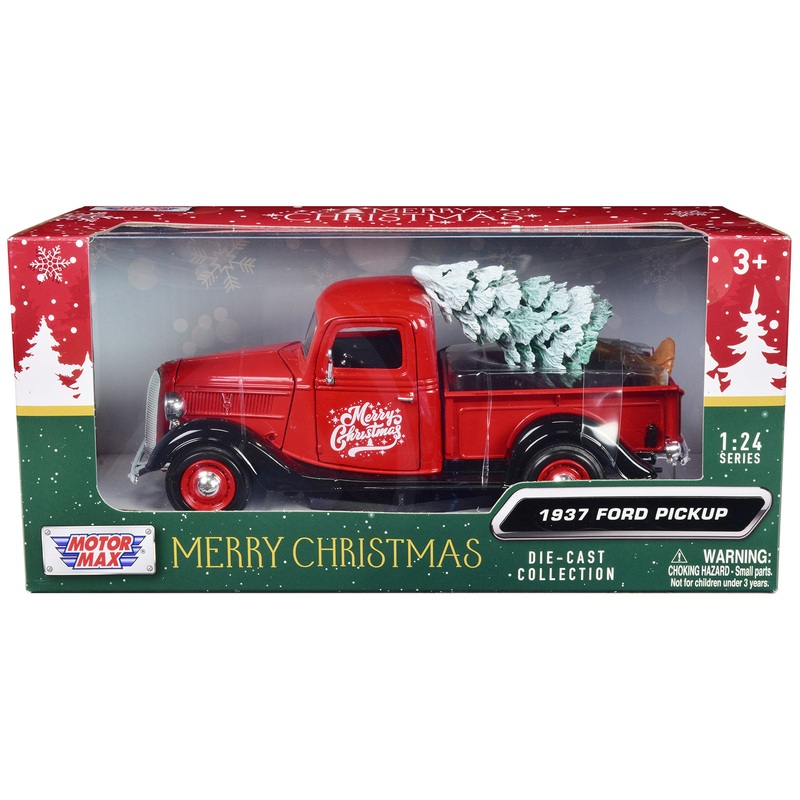 1937 Ford Pickup Truck Red and Black “Merry Christmas” with Tree Accessory 1/24 Diecast Model Car by Motormax