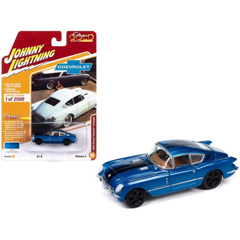 1954 Chevrolet Corvair Concept Car Bright Blue Metallic with Black Stripes “Classic Gold Collection” 2023 Release 2 Limited Edition to 2500 pieces Worldwide 1/64 Diecast Model Car by Johnny Lightning