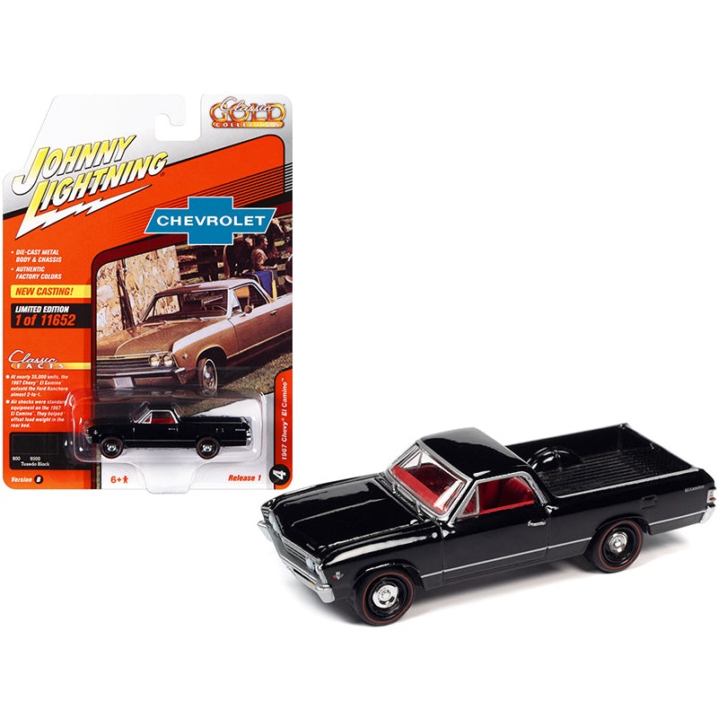 1967 Chevrolet El Camino Tuxedo Black with Red Interior “Classic Gold Collection” Series Limited Edition to 11652 pieces Worldwide 1/64 Diecast Model Car by Johnny Lightning