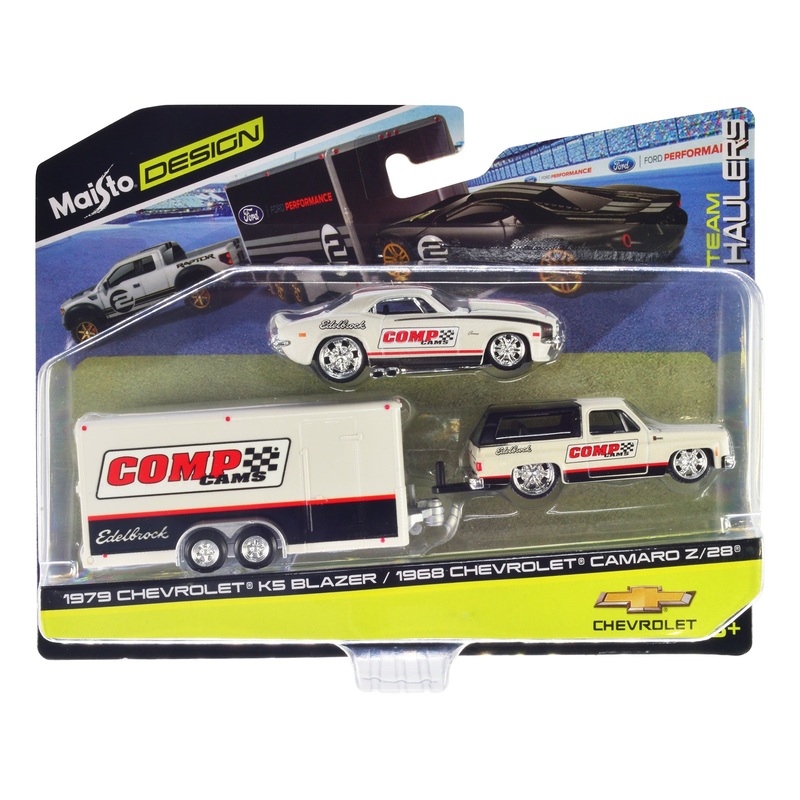 1979 Chevrolet K5 Blazer White and Black and 1968 Chevrolet Camaro Z/28 White with Stripes with Enclosed Car Trailer “Comp Cams – Edlebrock” “Team Haulers” Series 1/64 Diecast Model Car by Maisto