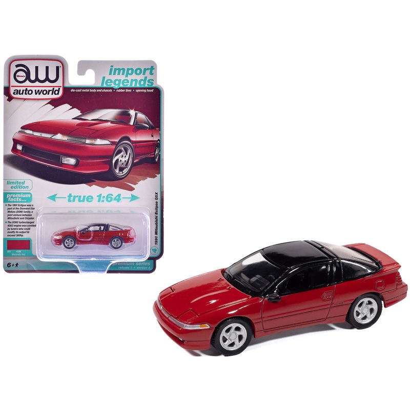 1991 Mitsubishi Eclipse GSX Maranello Red with Black Top “Import Legends” Series 1/64 Diecast Model Car by Auto World
