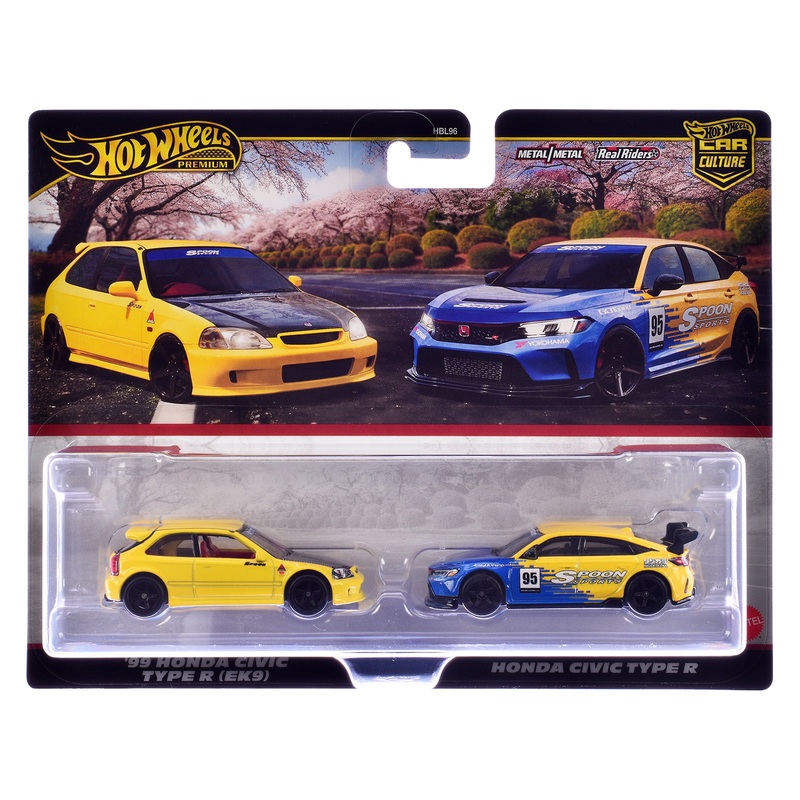 1999 Honda Civic Type R (EK9) RHD (Right Hand Drive) Yellow with Red Interior and Honda Civic Type R #95 “Spoon Sports” Blue and Yellow “Car Culture” Set of 2 Cars Diecast Model Cars by Hot Wheels