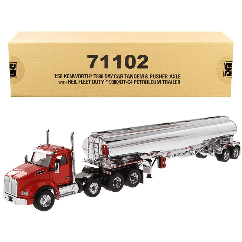 Kenworth T880 Day Cab Tandem Truck with Pusher-Axle and Heil Fleet Duty 9300/DT-C4 Petroleum Tanker Trailer Red and Chrome “Transport Series” 1/50 Diecast Model by Diecast Masters
