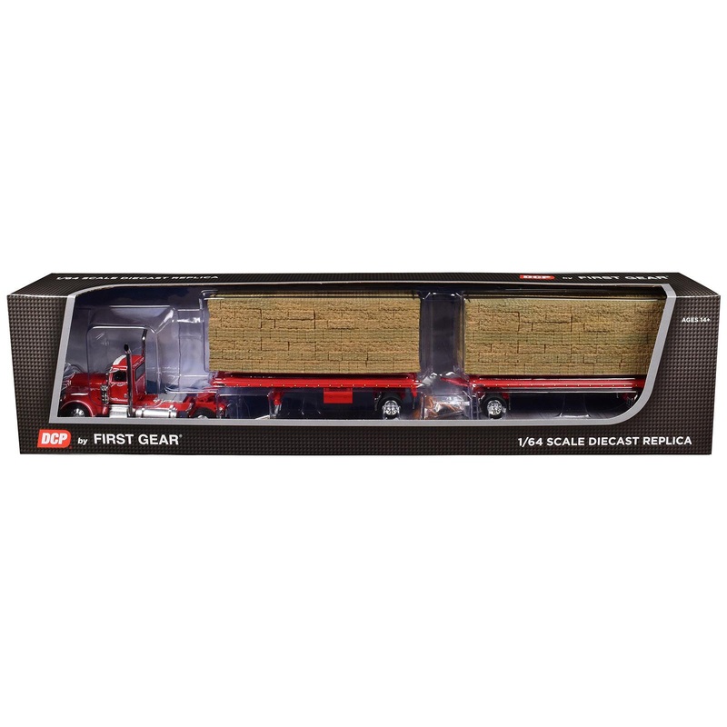 Peterbilt 389 Day Cab with Utility Dual 28.5′ Flatbed Trailers with Hay Loads Viper Red with Graphics 1/64 Diecast Model by DCP/First Gear