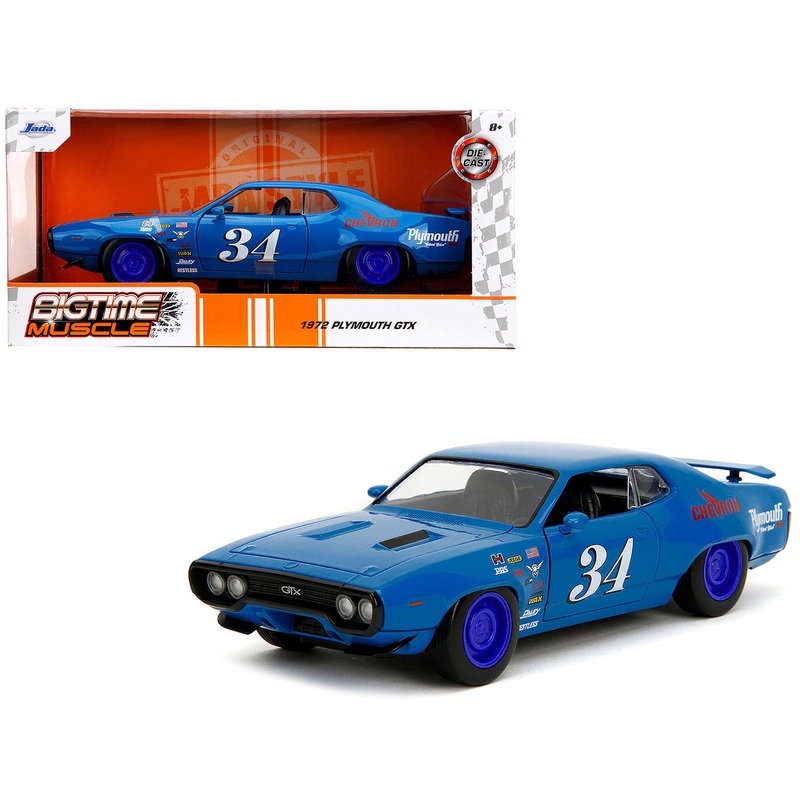 1972 Plymouth GTX #34 Blue with Graphics “Bigtime Muscle” Series 1/24 Diecast Model Car by Jada