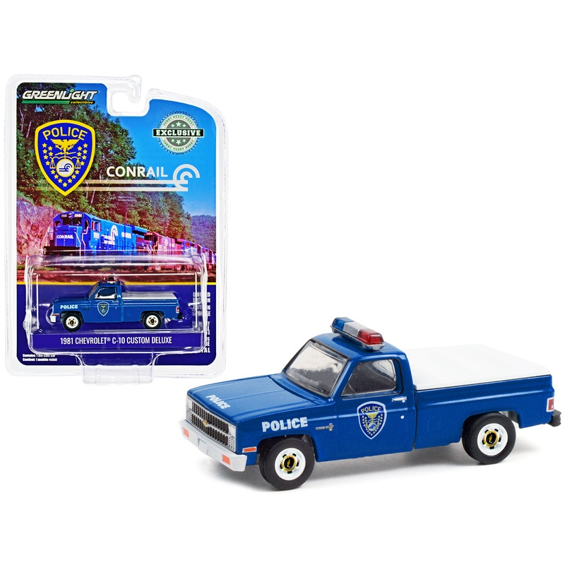 1981 Chevrolet C-10 Custom Deluxe Pickup Truck Blue with White Truck Bed Cover “Conrail (Consolidated Rail Corporation) Police” “Hobby Exclusive” 1/64 Diecast Model Car by Greenlight