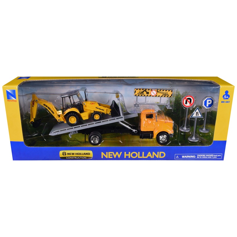 Peterbilt 335 Roll-Off Flatbed Truck and New Holland B110C Backhoe Loader with Street Signs “New Holland Construction” Diecast Models by New Ray