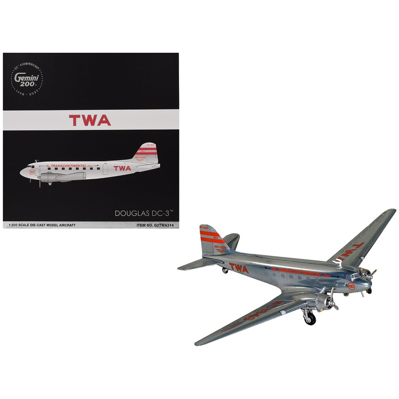 Douglas DC-3 Commercial Aircraft “TWA (Trans World Airlines)” (NC1943) Polished Metal Finish with Red Tail Stripes “Gemini 200” Series 1/200 Diecast Model Airplane by GeminiJets