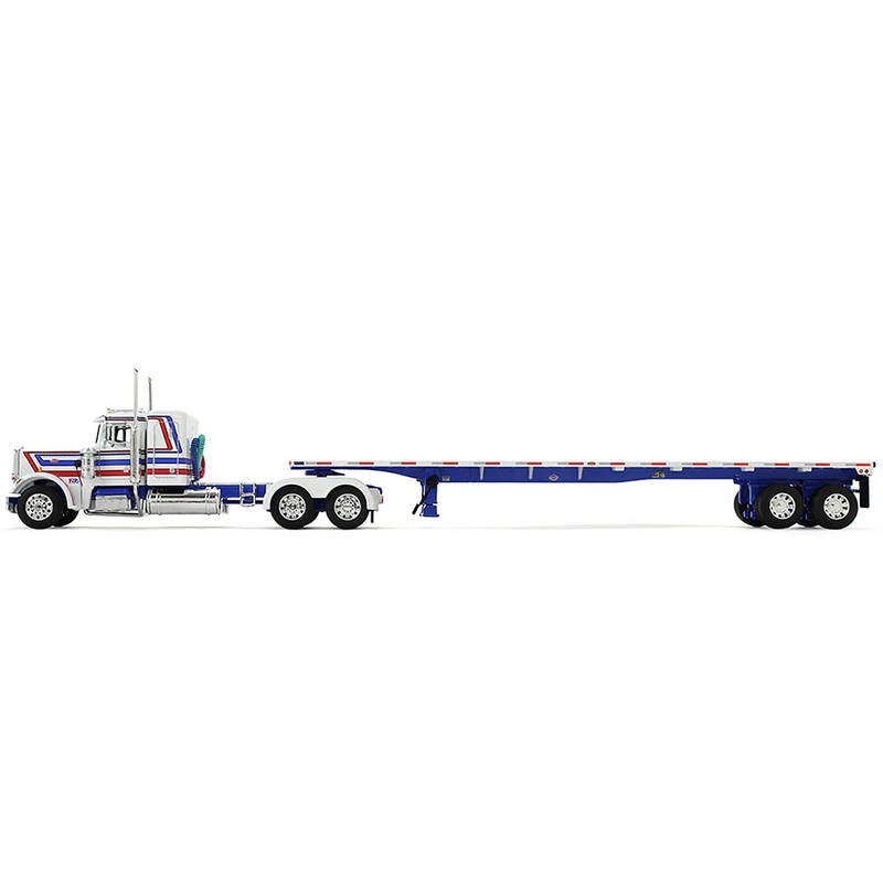 Peterbilt 359 with 36″ Flat Top Sleeper and 48′ Utility Flatbed Trailer White with Blue and Red Stripes “Bicentennial Patriot” 1/64 Diecast Model by DCP/First Gear