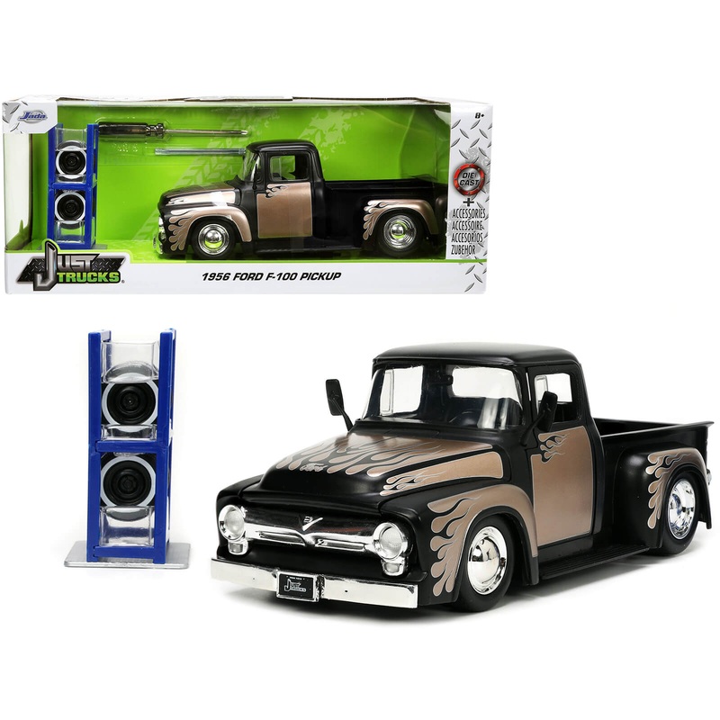 1956 Ford F-100 Pickup Truck Matt Black and Champagne with Flames with Extra Wheels “Just Trucks” Series 1/24 Diecast Model Car by Jada