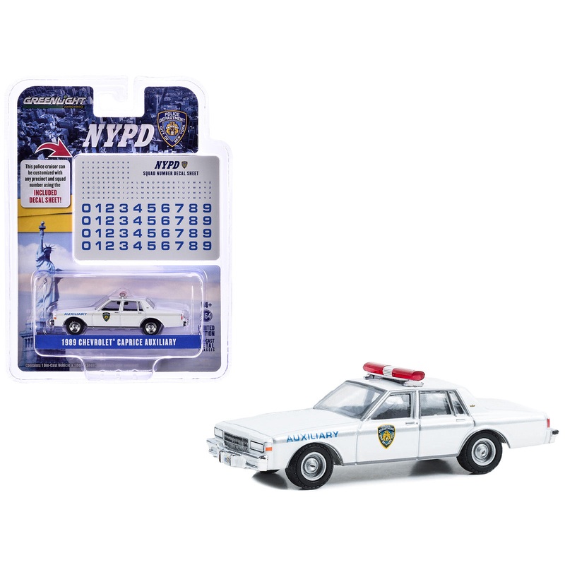 1989 Chevrolet Caprice “New York Police Department (NYPD)” White with NYPD Squad Number Decal Sheet “Hobby Exclusive” Series 1/64 Diecast Model Car by Greenlight