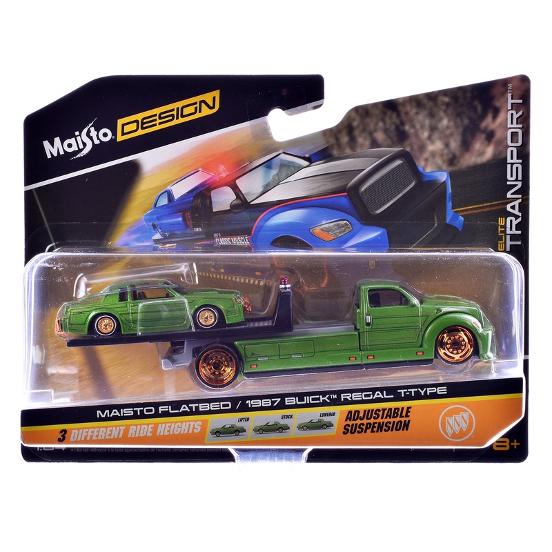 Maisto Flatbed Truck Green Metallic with Graphics and 1987 Buick Regal T-Type Green Metallic with Graphics “Lowriders” “Elite Transport” Series 1/64 Diecast Models by Maisto