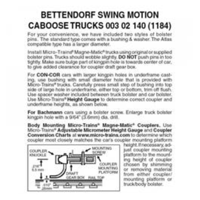 Micro Trains #00302140 Bettendorf Swing motion trucks no couplers. 1 pr.