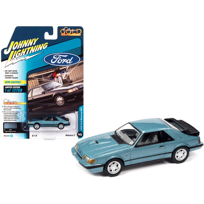 1986 Ford Mustang SVO Light Regatta Blue Metallic with Black Stripes “Classic Gold Collection” Series Limited Edition to 12768 pieces Worldwide 1/64 Diecast Model Car by Johnny Lightning