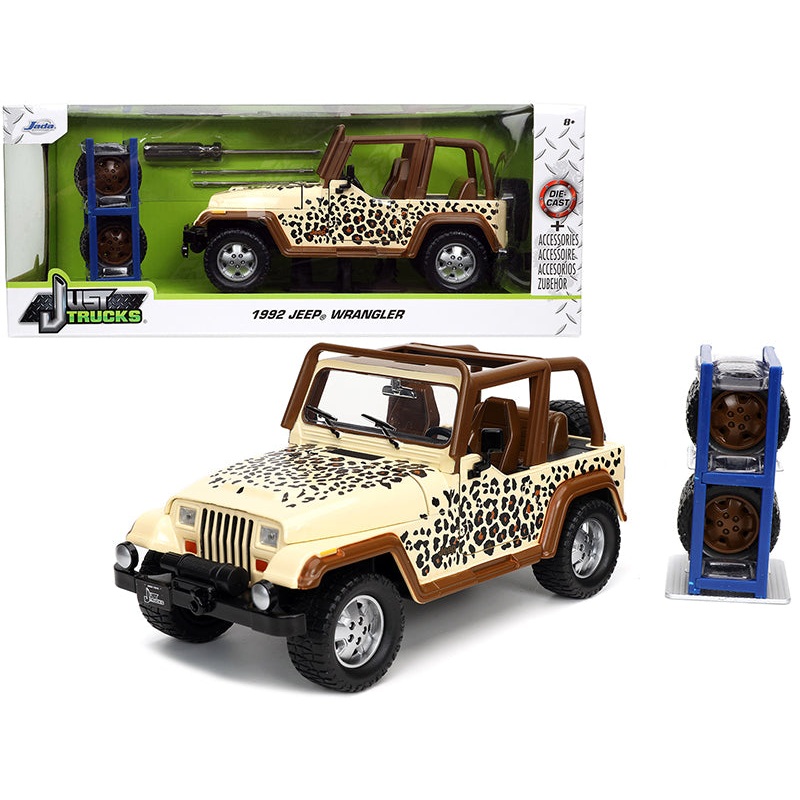 1992 Jeep Wrangler Tan and Brown with Graphics and Extra Wheels “Just Trucks” Series 1/24 Diecast Model Car by Jada