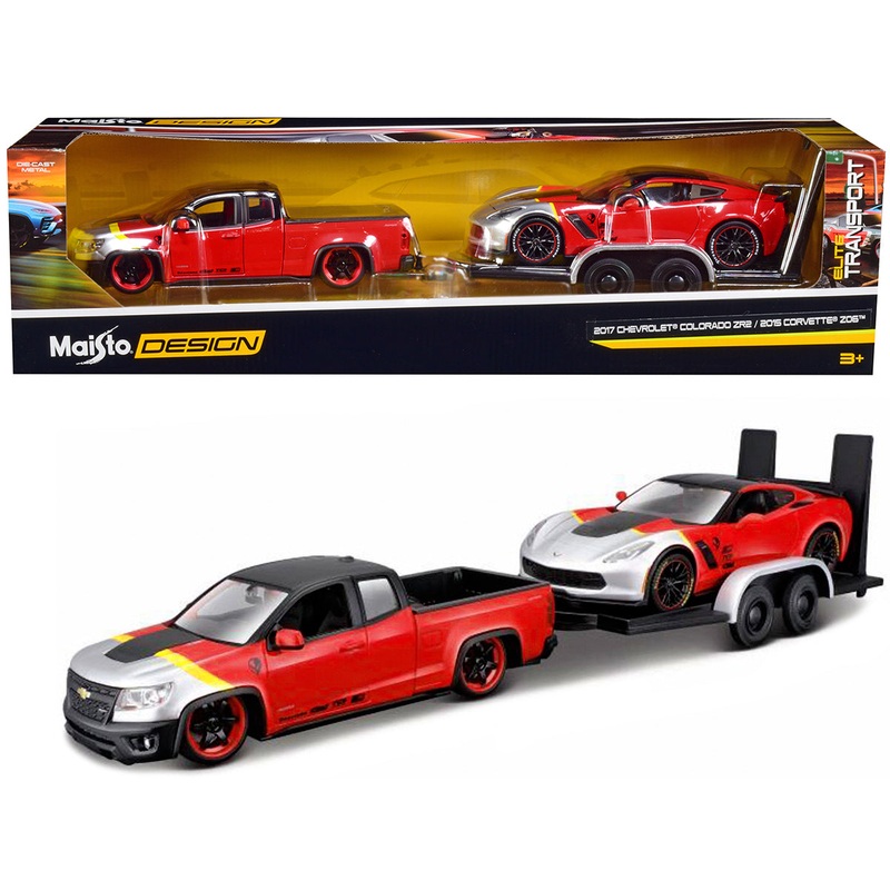2017 Chevrolet Colorado ZR2 Pickup Truck Red and 2015 Chevrolet Corvette Z06 Red with Flatbed Trailer Set of 3 pieces “Elite Transport” Series 1/24 Diecast Model Cars by Maisto