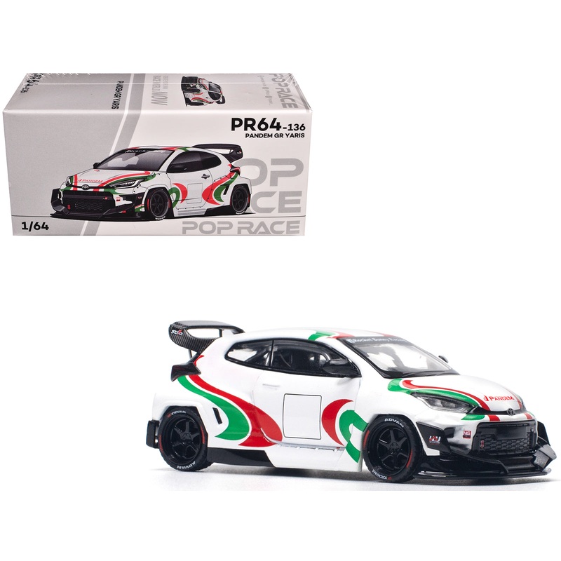 Toyota Pandem GR Yaris RHD (Right Hand Drive) “Rally Livery” White with Red and Green Graphics 1/64 Diecast Model Car by Pop Race