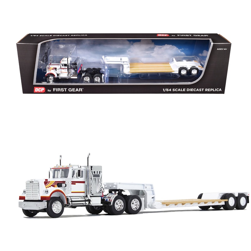 Western Star 4900 with 36″ Vintage Flat Top Sleeper and Rogers Vintage Lowboy Trailer White with Graphics 1/64 Diecast Model by DCP/First Gear