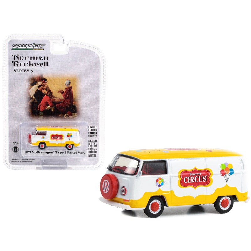 1971 Volkswagen Type 2 Panel Van Yellow and White with Red Interior “Percevel Circus” “Norman Rockwell” Series 5 1/64 Diecast Model Car by Greenlight