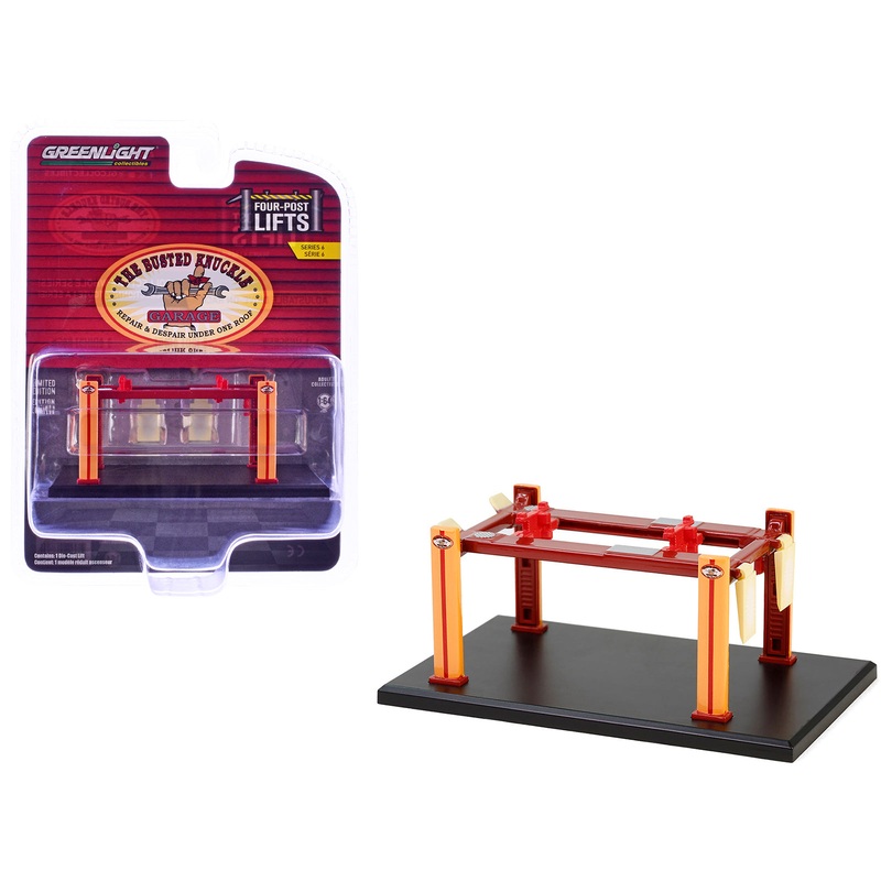 Adjustable Four-Post Lift “Busted Knuckle Garage” Red and Yellow “Four-Post Lifts” Series 6 1/64 Diecast Model by Greenlight