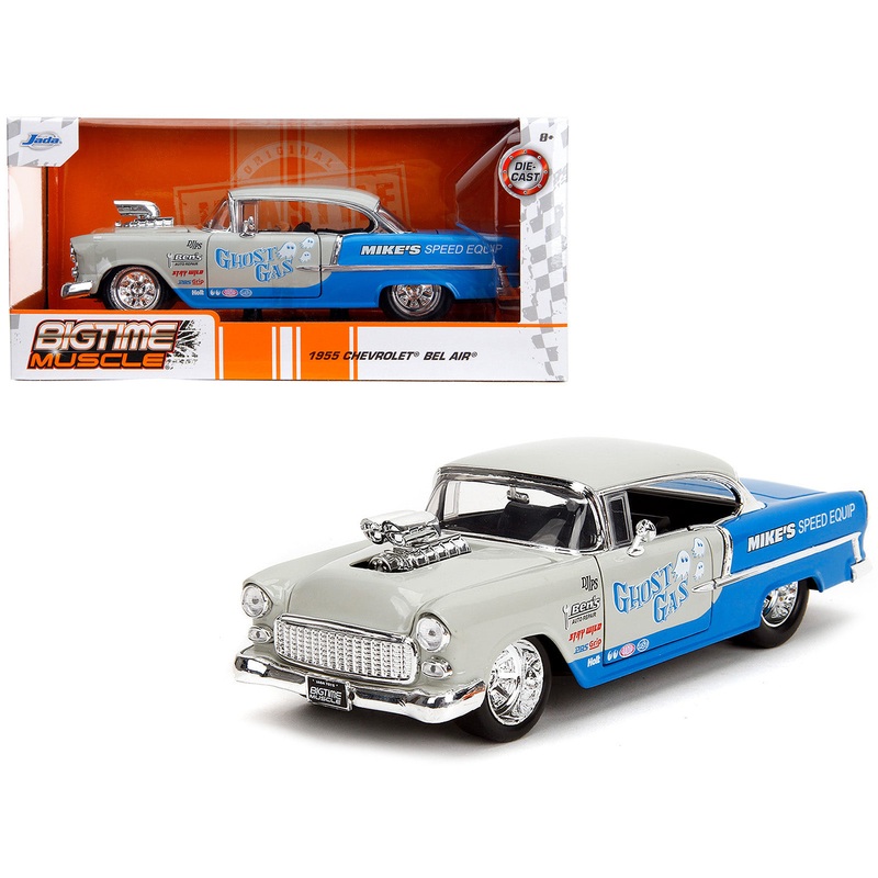 1955 Chevrolet Bel Air “Ghost Gas – Mike’s Speed Equip” Light Gray and Blue “Bigtime Muscle” Series 1/24 Diecast Model Car by Jada