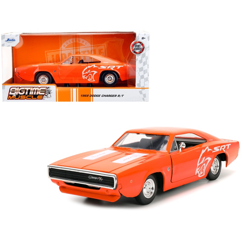 1968 Dodge Charger R/T SRT Orange with White Stripes and Graphics “Bigtime Muscle” Series 1/24 Diecast Model Car by Jada