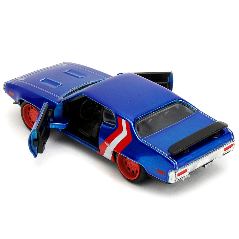 1972 Plymouth GTX Candy Blue with Red and White Stripes and Captain America Diecast Figure “The Avengers” “Hollywood Rides” Series 1/32 Diecast Model Car by Jada