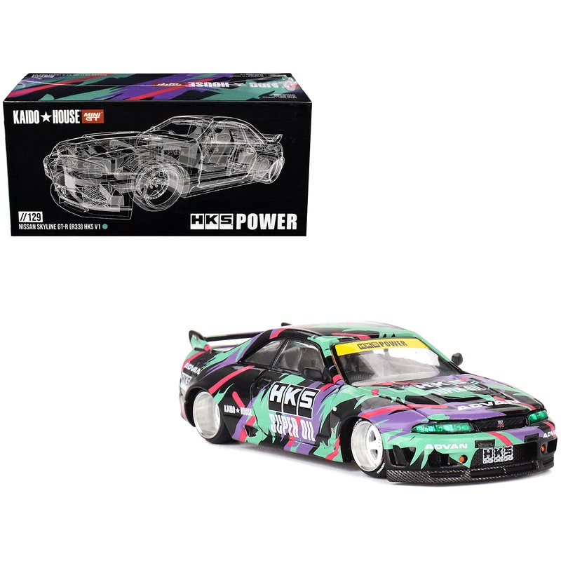 Nissan Skyline GT-R (R33) “HKS V1” RHD (Right Hand Drive) Black with Graphics (Designed by Jun Imai) “Kaido House” Special 1/64 Diecast Model Car by Mini GT